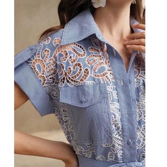 Striped Lace Button Cuff Sleeve Belted Wide Leg Jumpsuit - Picture 3 of 5